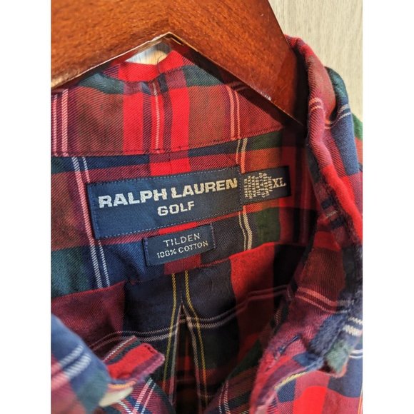 Vintage 90s Polo Ralph Lauren Golf Tilden Plaid Print Red Flannel Shirt Pony XL - Picture 3 of 5